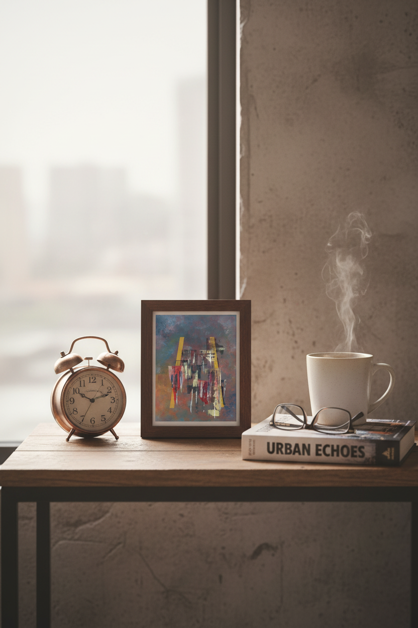 Dawn art print A6 postcard formaat op nachtkastje