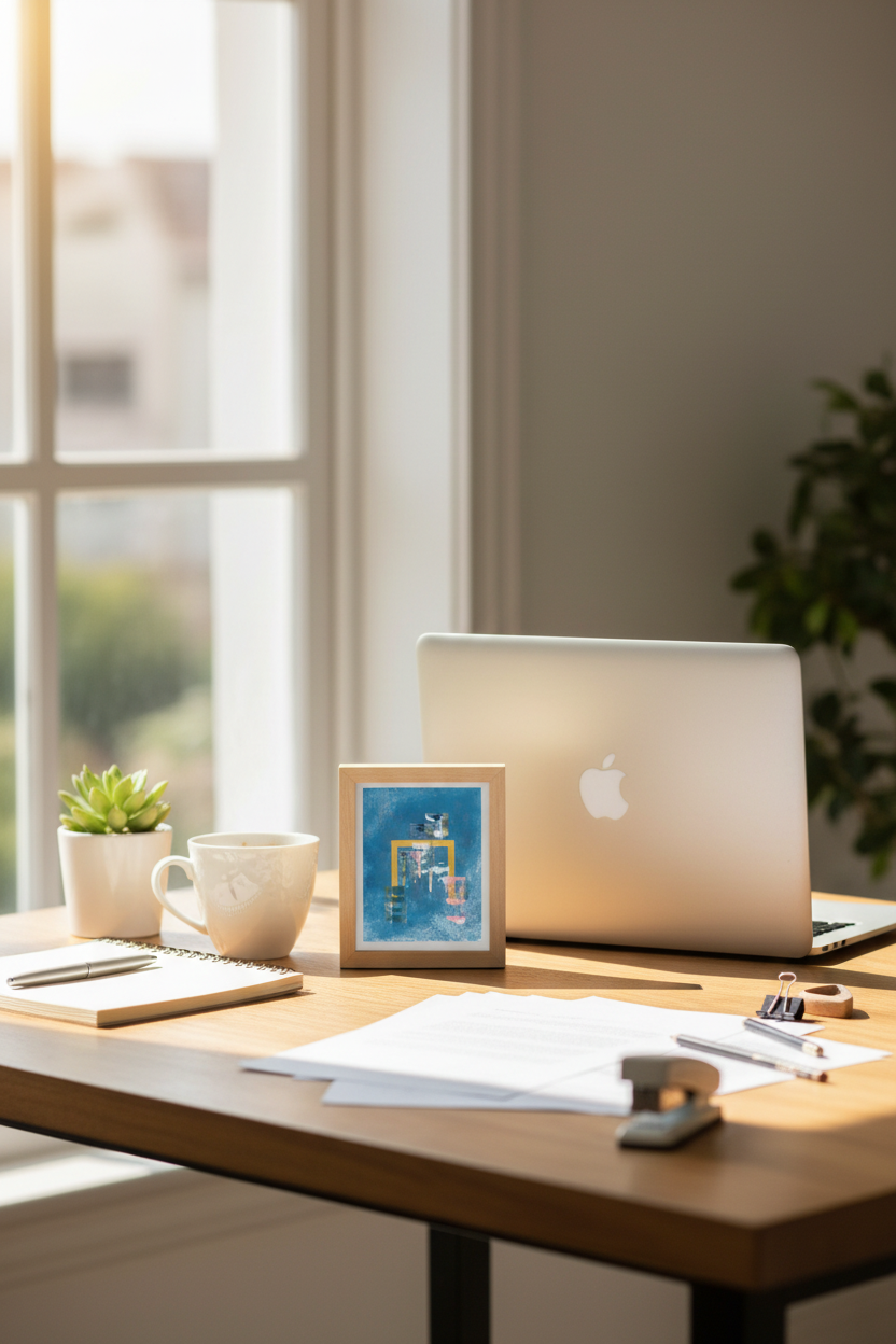 Day art print A6 klein formaat op bureau