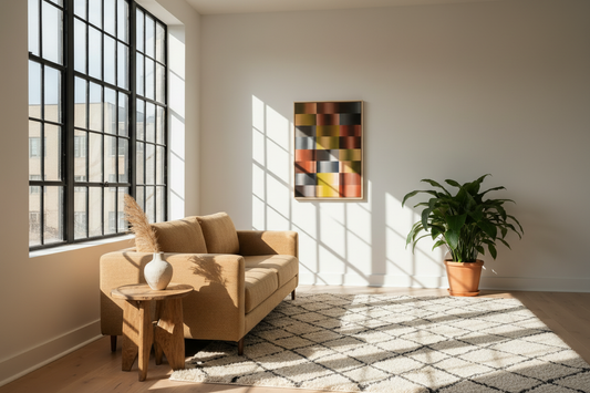 Abstract schilderij boven een camel bank in een minimalistisch interieur met industriële ramen en natuurlijk licht