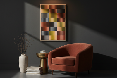 Abstract schilderij Surge van KOJO Art in een eigentijdse woonkamer boven een betonnen sideboard