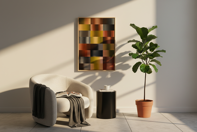 Abstract schilderij Soho van KOJO Art in een eigentijdse leeshoek met curved stoel en grote bladplant