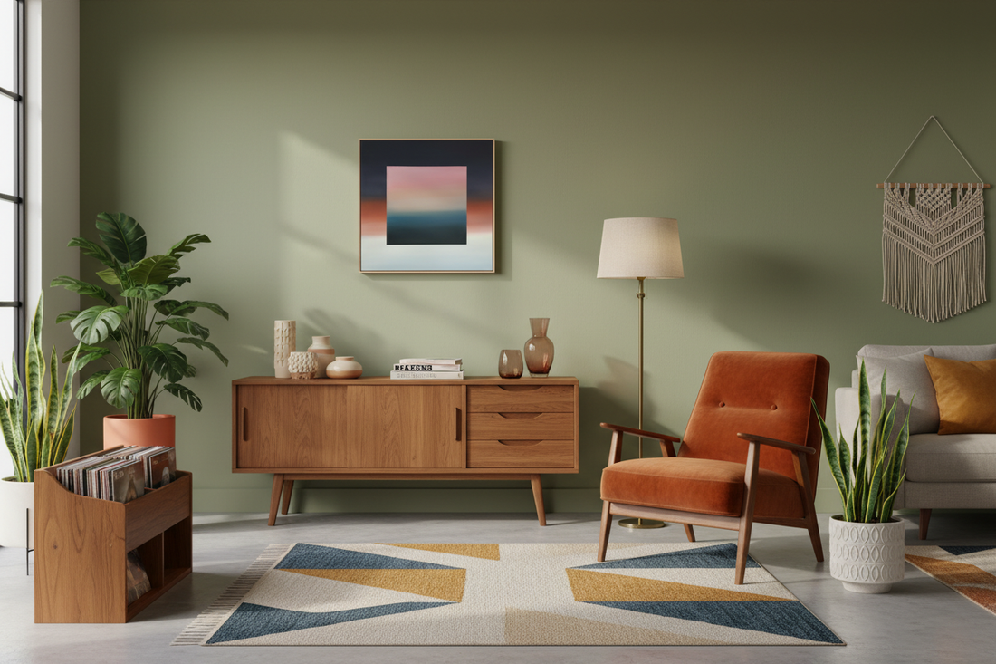 Modern vintage retro interieur 2026 met origineel schilderij Myth 50x50cm in warme aardtinten