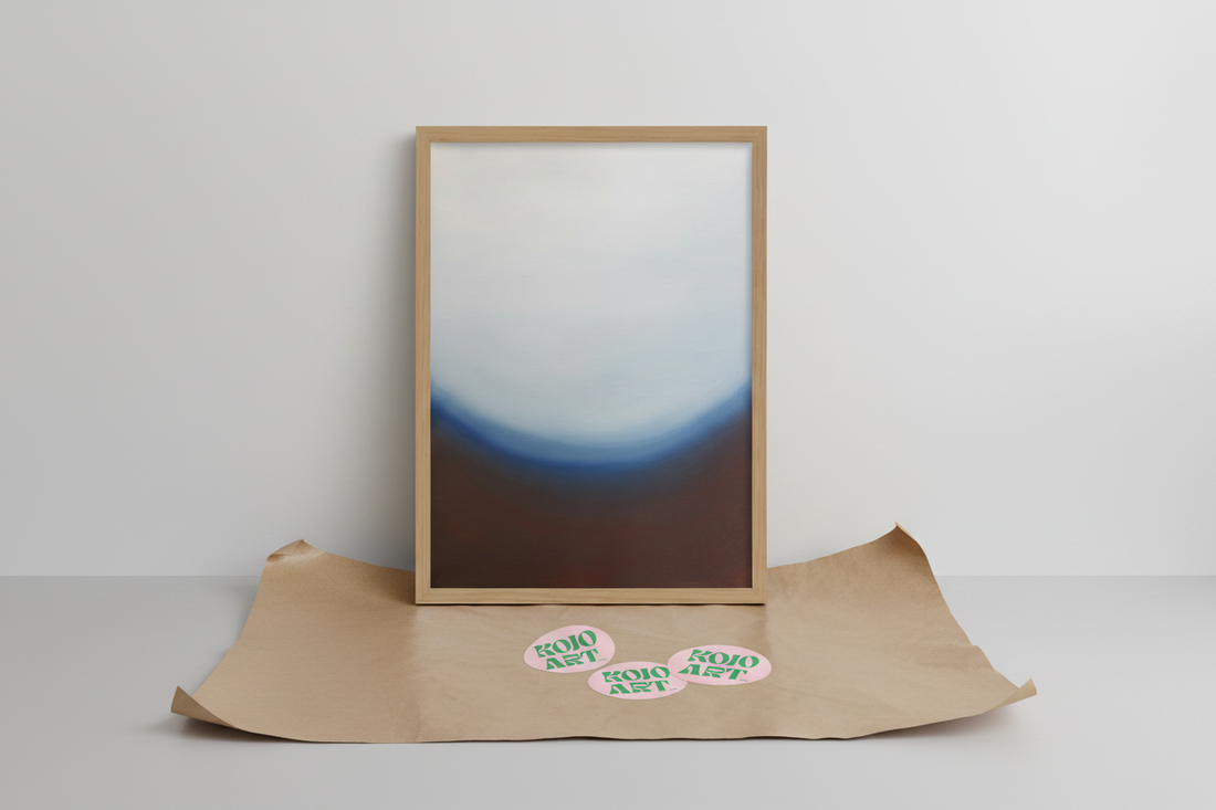 Art print Arc van KOJO Art op kraftpapier met handgesigneerde logostickers, direct van kunstenaar Jordy Koumans