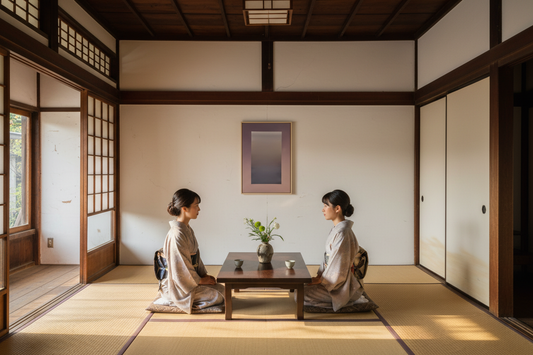Pale Divide schilderij van KOJO Art in traditionele Japanse washitsu kamer met mensen in kimono - demonstratie van Ma principe en negatieve ruimte in interieur.