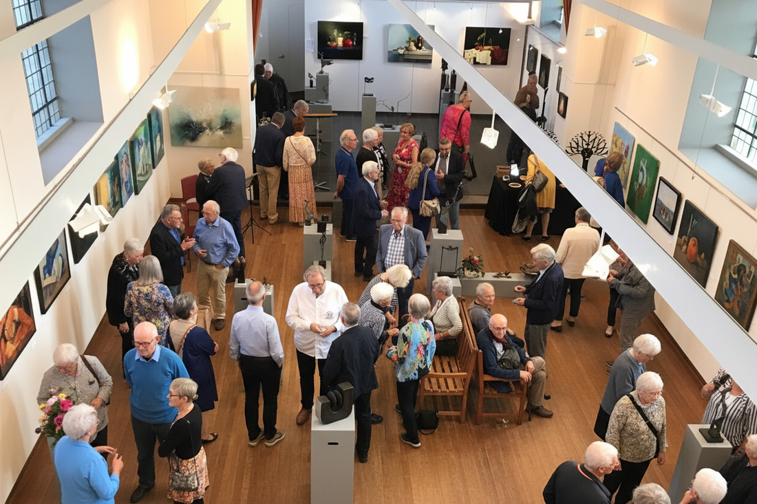 Sfeerbeeld van een eerdere IKP-expositie in de Terpkerk te Urmond – bezoekers bekijken kunst in een historische kerkruimte