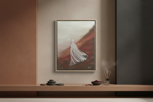 The Hills That Witnessed, schilderij van Jordy Koumans – een eenzame figuur in een uitgestrekt rood landschap, symbool van menselijke veerkracht en doorzettingsvermogen. KOJO Art Print Club. april 2026.