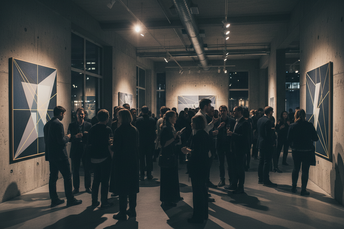 Bezoekers bij een vernissage in een hedendaagse kunstgalerie in Nederland