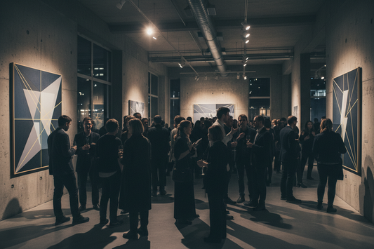 Bezoekers bij een vernissage in een hedendaagse kunstgalerie in Nederland
