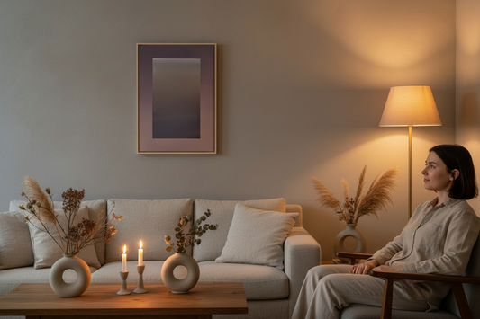 Vrouw zit ontspannen in een fauteuil en kijkt tevreden naar Pale Divide van KOJO Art aan de muur
