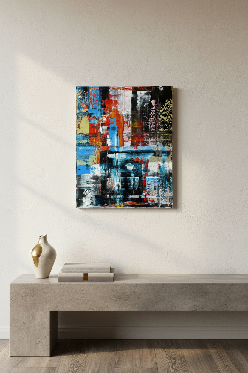 Collision abstract schilderij boven stenen sidetable met keramiek – interieurshot KOJO Art