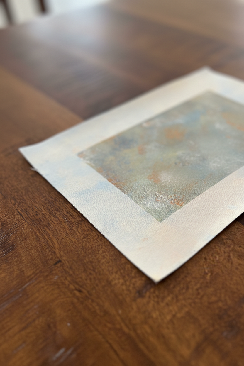 Canvasvel op houten tafel zijkant