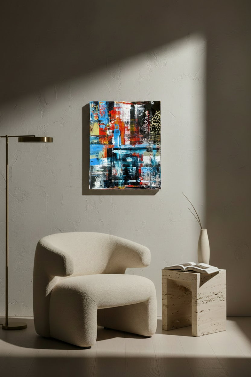 Collision origineel schilderij hangend in minimalistisch interieur met bouclé stoel en travertine bijzettafel – KOJO Art
