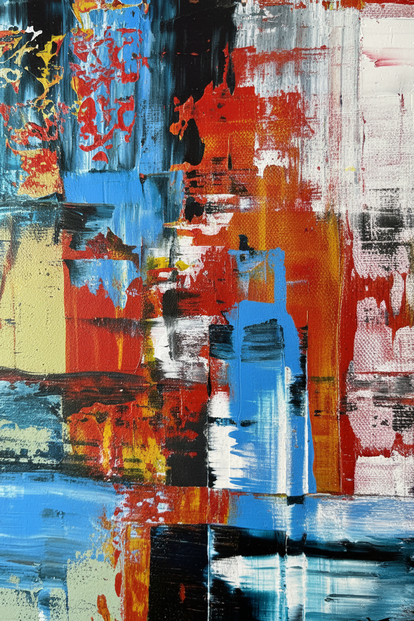 Detail Collision – botsing van rood, blauw en zwart in acrylverf op doek – KOJO Art