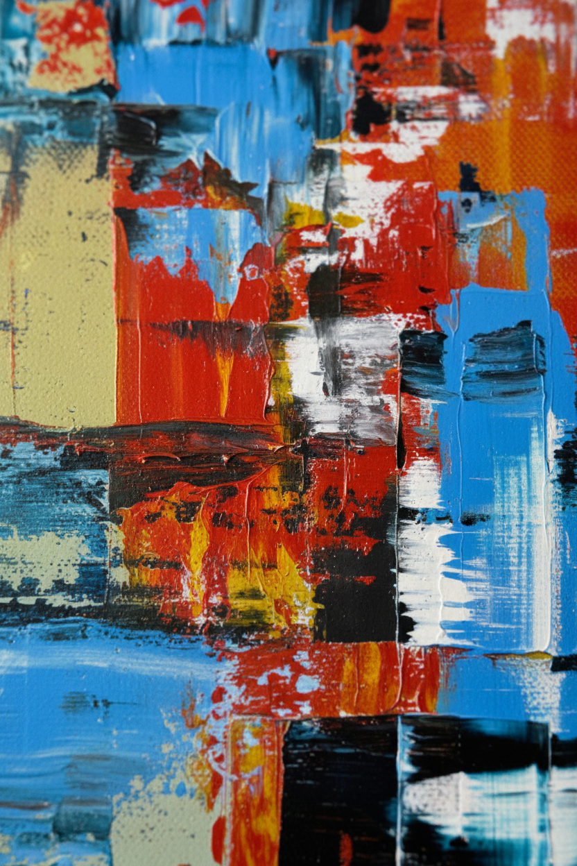 Close-up textuur Collision – dikke verflagen aangebracht met paletmes en rakel, abstract expressionisme
