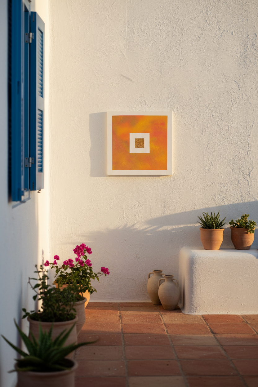Eos klein schilderij op witte Griekse muur met ochtendlicht