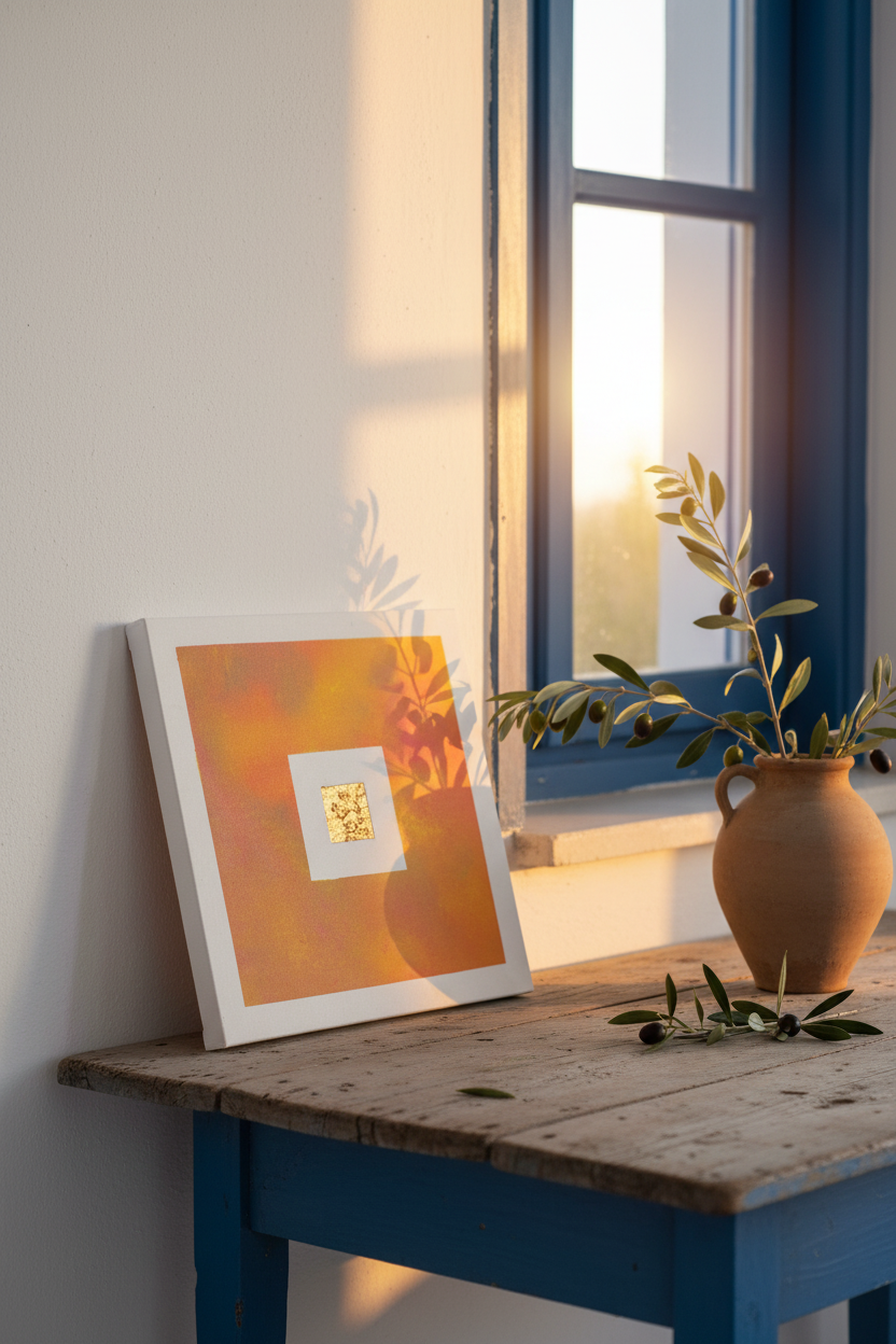 Eos leunend op Griekse houten tafel met zonsopkomst