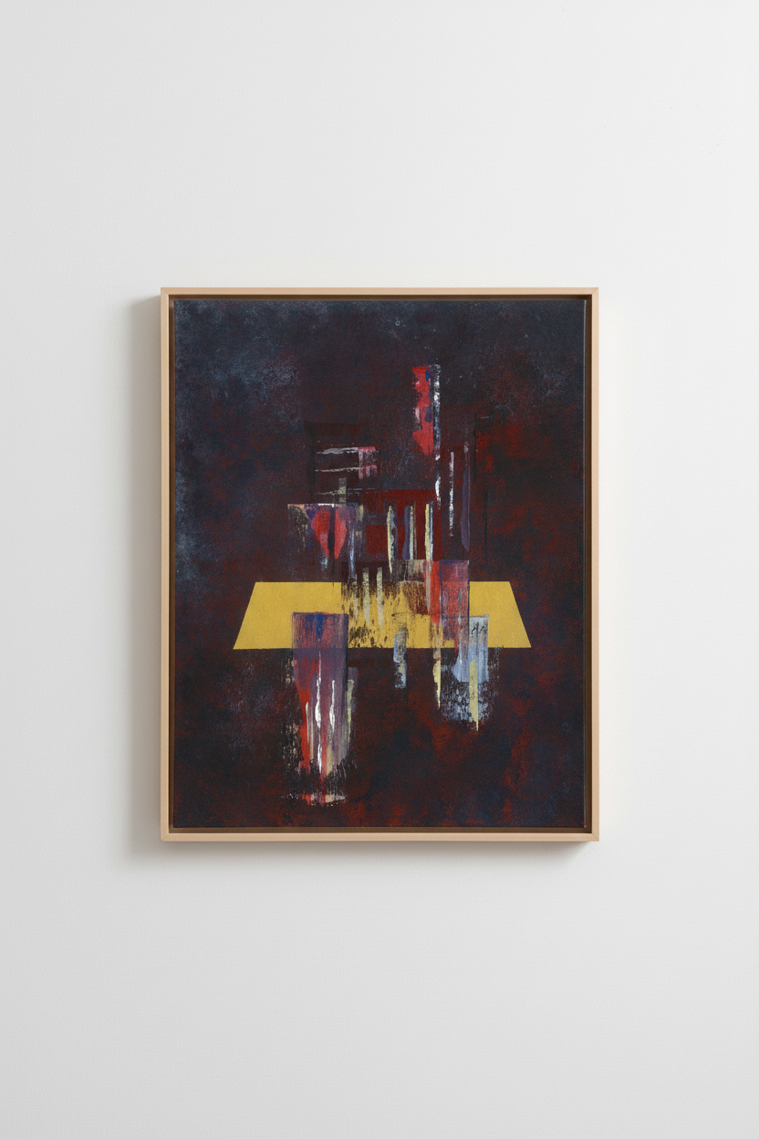 Night origineel abstract schilderij van New York skyline in dunne baklijst met diepblauwe en paarse tinten