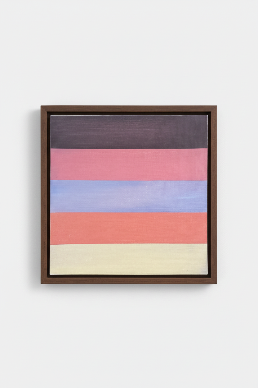 Originele kleurstudie Pale Palette in donkerbruine lijst, abstract schilderij met zachte kleurovergangen