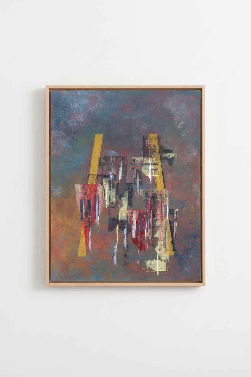 Dawn origineel abstract schilderij van New York skyline in dunne baklijst met zachte roze, oranje en gouden tinten