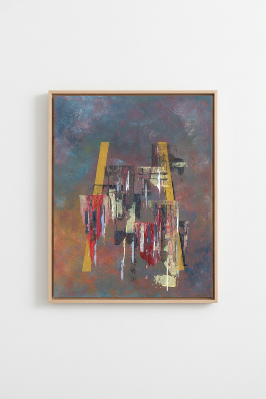 Dawn origineel abstract schilderij van New York skyline in dunne baklijst met zachte roze, oranje en gouden tinten