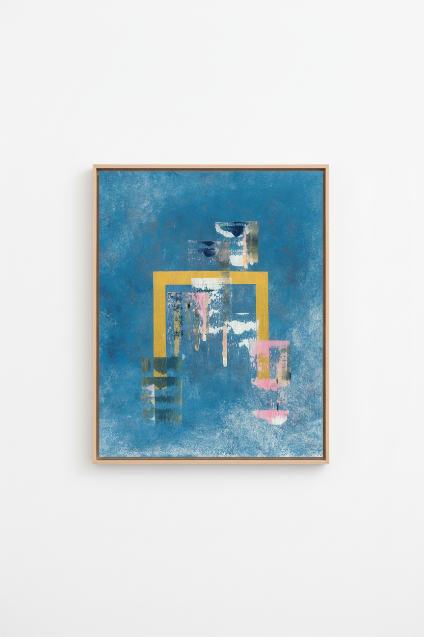 Day origineel abstract schilderij van New York skyline in dunne baklijst met warme gouden en frisse blauwe tinten