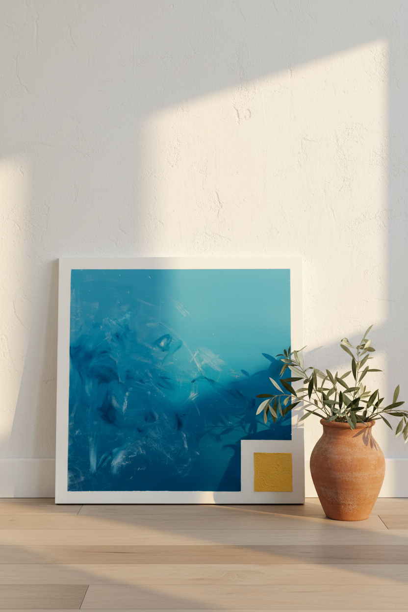 Melodies of the Sun leunend tegen muur met terracotta pot en olijftak