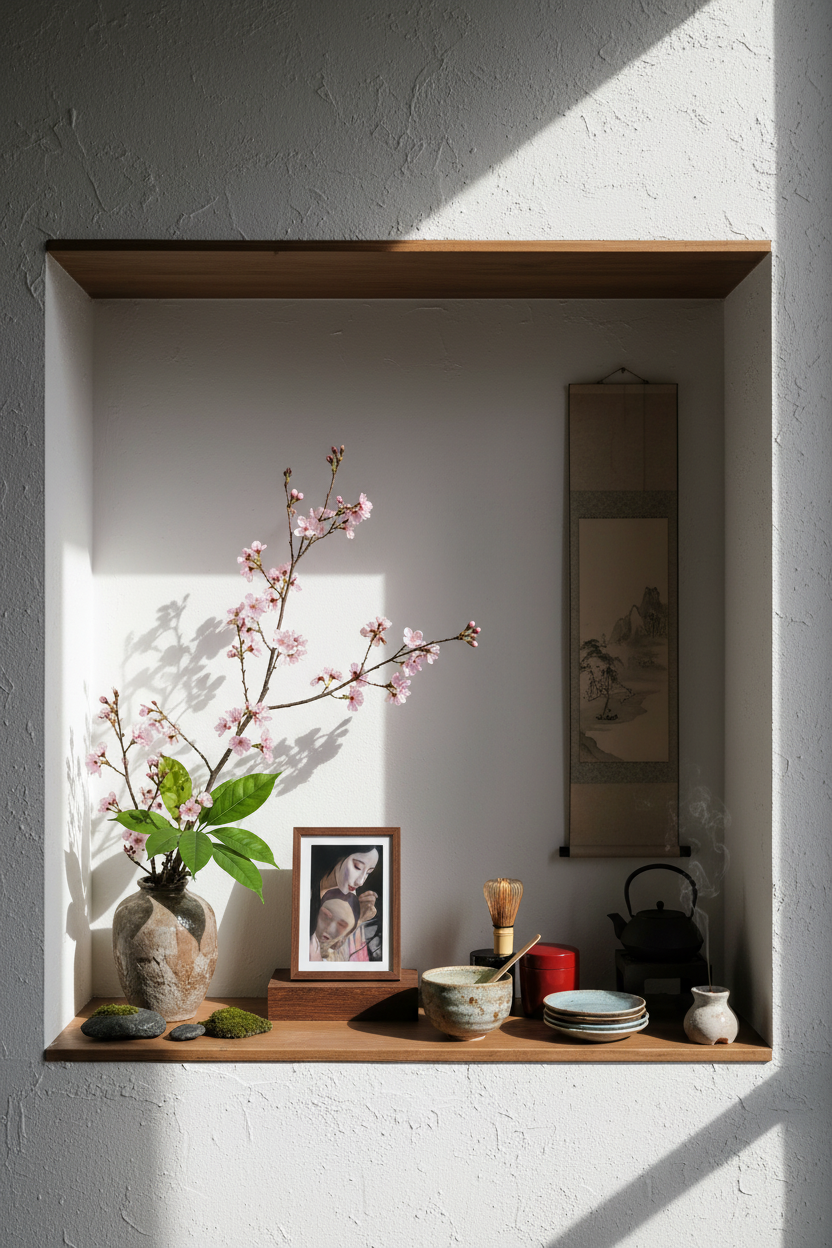 Noh Player art print A4 in Japanse tokonoma met ikebana