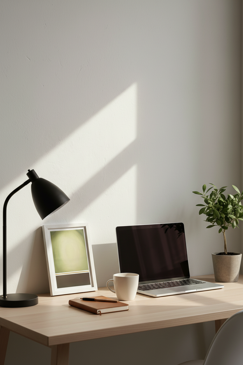 Olive art print A4 op stijlvol bureau