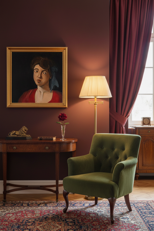 Serena klassiek portret in verfijnde woonkamer met donkere muur
