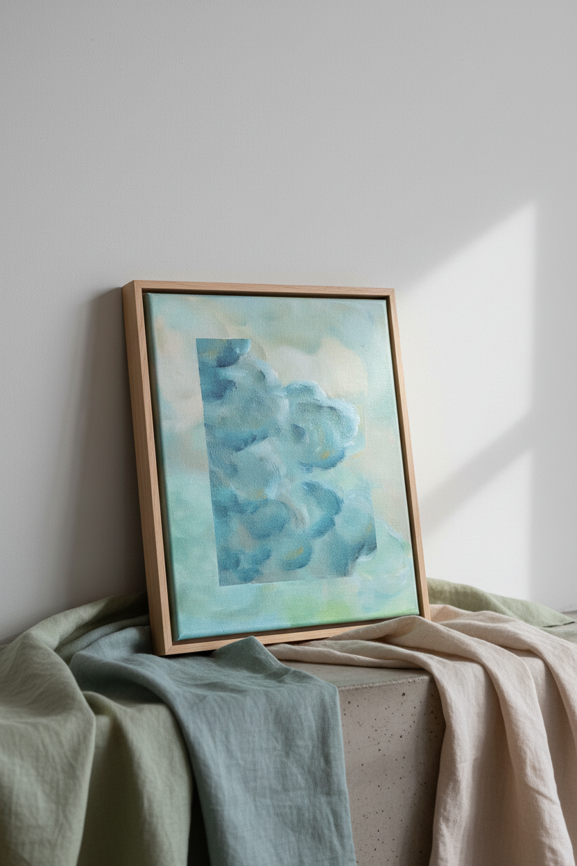 Wolkenschilderij met doeken in schilderijkleuren